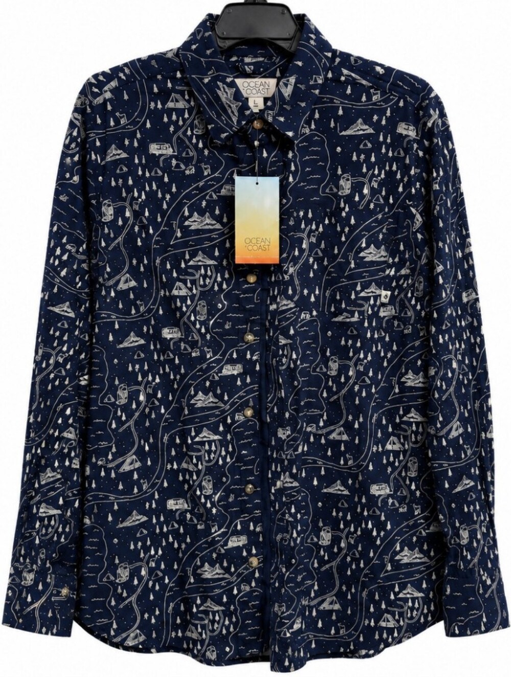 Ocean & Coast Boys' Size Large Navy Map-Print Button-Down Shirt